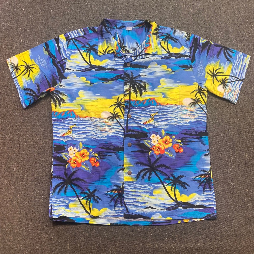 Palmwave Hawaiian Shirt Sz XL Mens Blue Tropical Surfer Beach Boho Camp Top